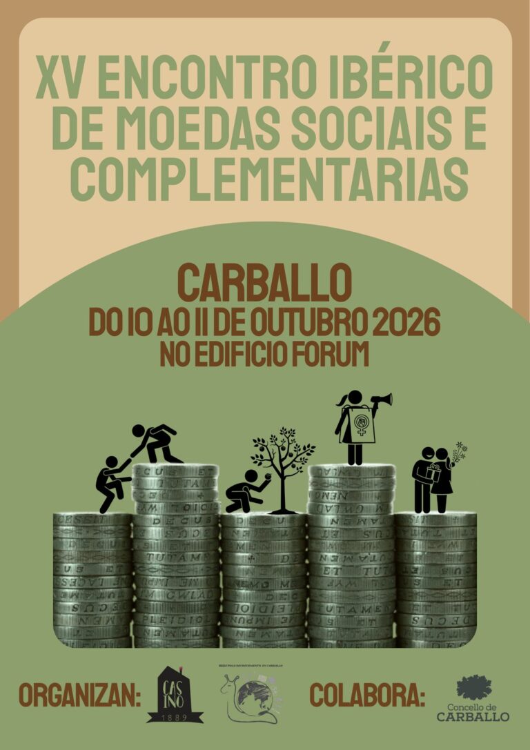 Cartel del XV Encontro Ibérico de Moedas Sociais e Complementarias, Carballo, del 10 al 11 de octubre de 2026, en el Edificio Fórum
