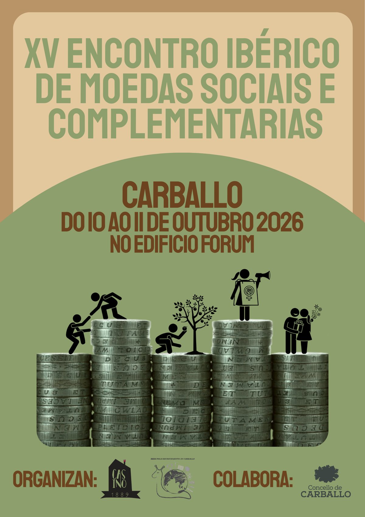 Cartel del XV Encontro Ibérico de Moedas Sociais e Complementarias, Carballo, del 10 al 11 de octubre de 2026, en el Edificio Fórum