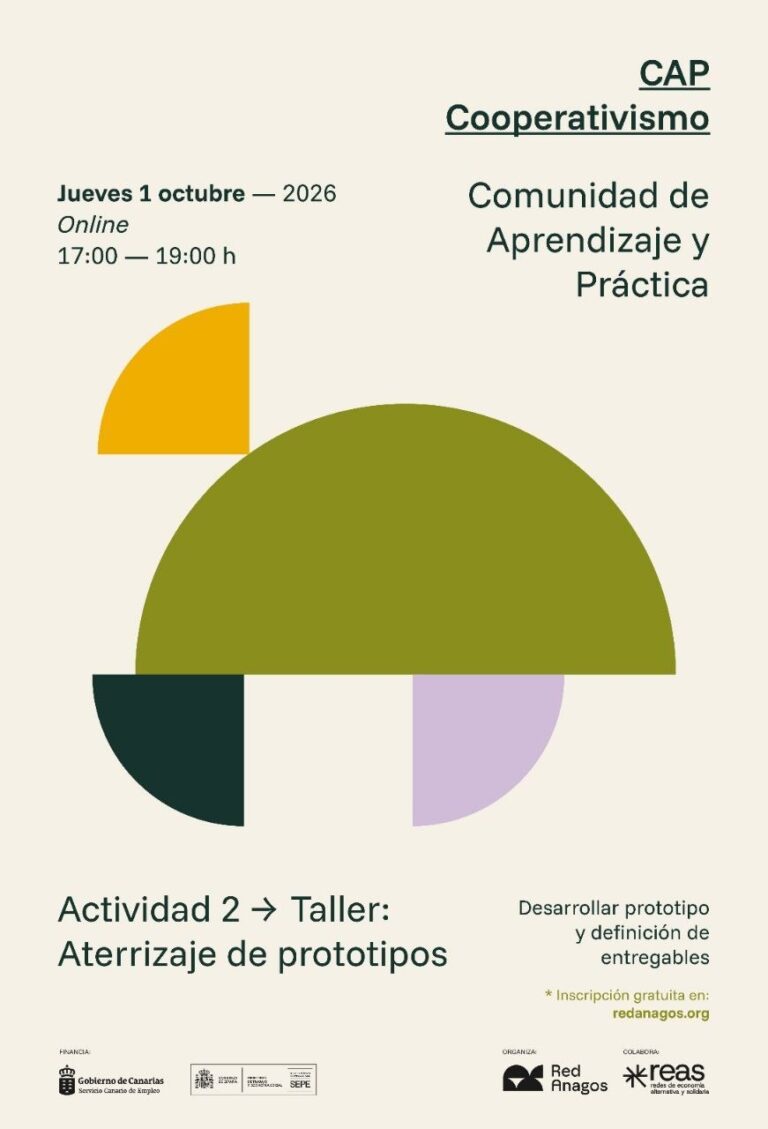 Cartel del taller «Aterrizaje de prototipos» de CAP Cooperativismo, jueves 1 de octubre de 2026, online, de 17:00 a 19:00 h