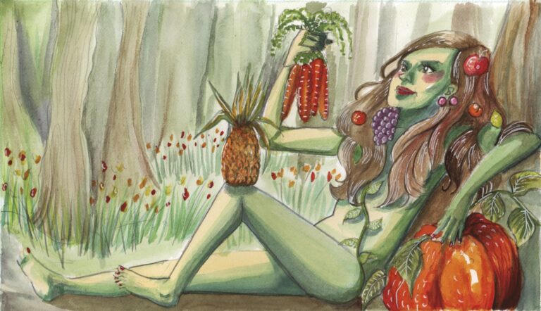 Ilustración de una mujer rodeada de vegetación y frutos