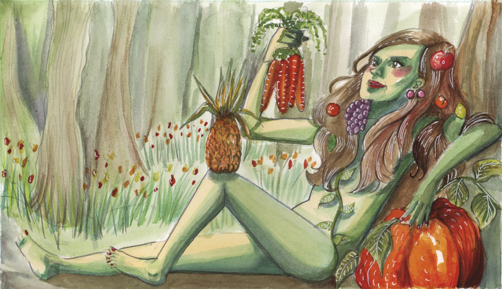 Ilustración de una mujer rodeada de vegetación y frutos