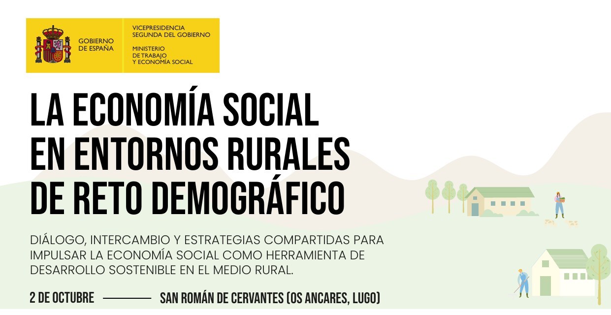Cabecera del programa de la jornada La Economía Social en entornos rurales de Reto Demográfico, 2 de octubre, San Román de Cervantes (Os Ancares, Lugo)