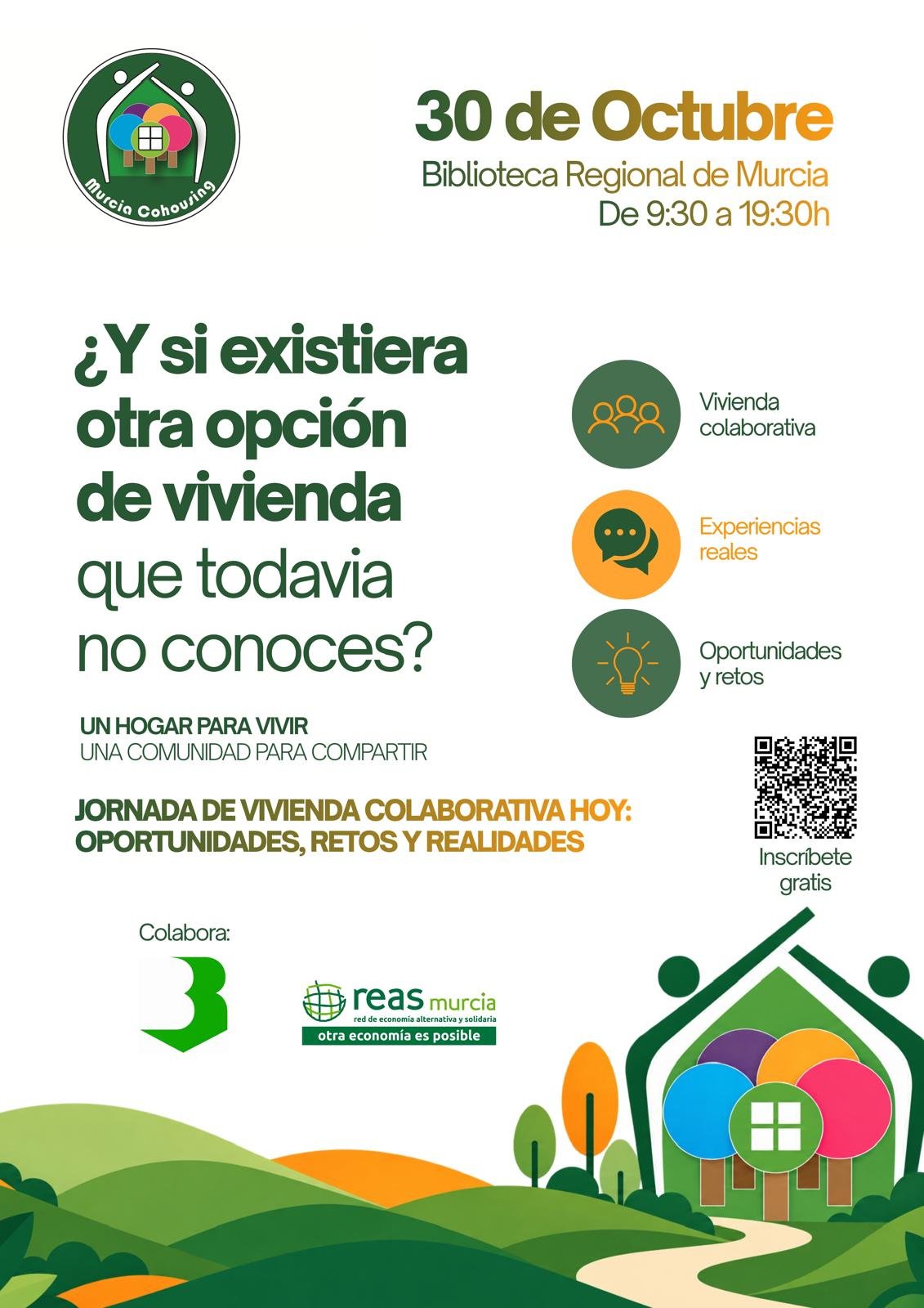 Cartel de la Jornada de Vivienda Colaborativa Hoy: oportunidades, retos y realidades, 30 de octubre, Biblioteca Regional de Murcia, de 9:30 a 19:30